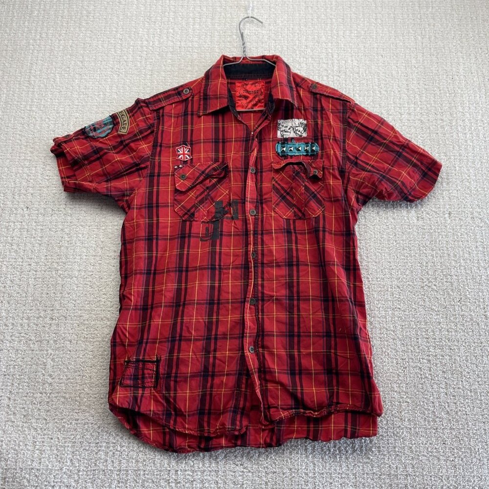 Y2K Modern Culture Red Plaid Button Front Men Sz L Grunge Punk Goth Skull Cyber